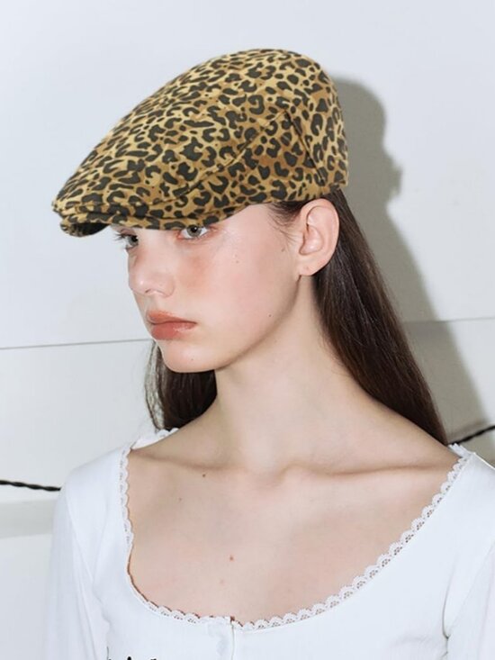 Women's Leopard Print Beret Hat Retro Newsboy Ivy Cap Cabbie Flat Cap Khaki - Picture 3 of 7